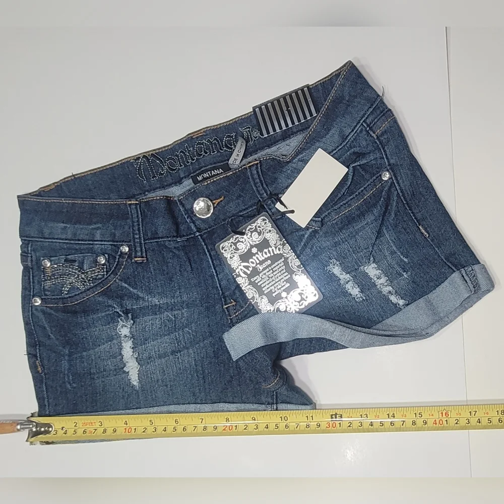 ❤️ MONTANA JEANS SHORTS LOW WAIST EMBELLISHED RHINESTONE.SIZE: 5/6 COLOR:  BLUE - Picture 6 of 14